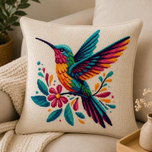 Op de afbeelding: Een vierkant gebroken wit sierkussen met een kruissteekborduurwerk van een vliegende kolibrie. De vogel vertoont tinten turkoois, magenta en oranje, omringd door kleurrijke bloem- en bladmotieven in bijpassende heldere kleurtinten.