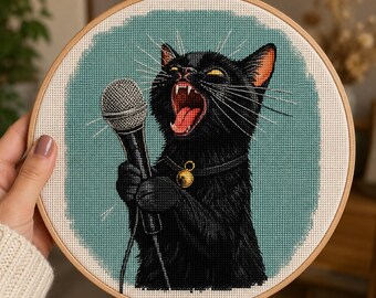 Black Cat Singing Microphone Cross Stitch Pattern, Rocker Cat Needlepoint Chart Download