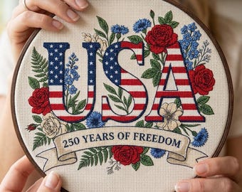 USA Floral Cross Stitch Pattern – 250 Years Freedom Embroidery Chart (PDF Download)