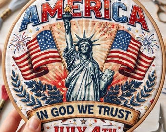 Patriotic Statue of Liberty Cross Stitch Pattern, 250 Years America, In God We Trust PDF Download
