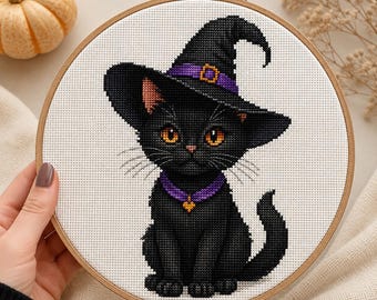 Black Cat Witch Cross Stitch Pattern | Halloween Kitten Embroidery (PDF Download)