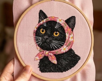 Black Cat Scarf Cross Stitch Pattern, Pink Aida Needlepoint Embroidery (Digital PDF)