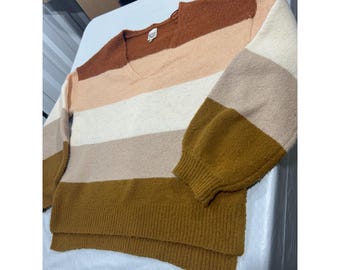 Freshman 1996 Vintage Colorblock Striped V-Neck Sweater Earth Tones Large