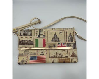 Reise Briefmarke Druck Umhängetasche Global Wahrzeichen Clutch Creme Gold Bar