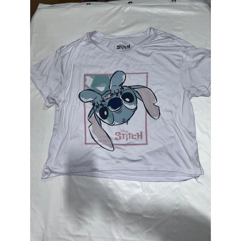 Disney Lilo & Stitch White Cropped Graphic T-Shirt XS Stitch Upside Down Tee image 1