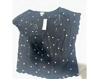 A New Day Black Polka Dot Eyelet Lace Trim Linen Blend Blouse XXL NWT