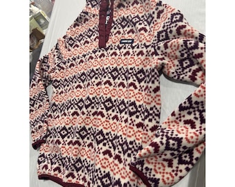 Lands End Fleece Pullover Snap Mock Neck Fair Isle Geometrische Burgund Orange S