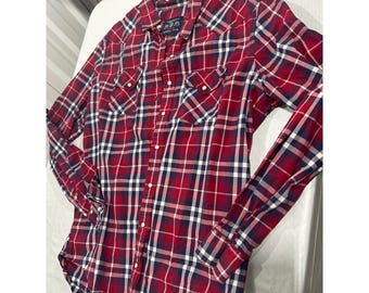 American Eagle Mens Red Plaid Pearl Snap Western Shirt Vinta Fit XLT Long Sleeve