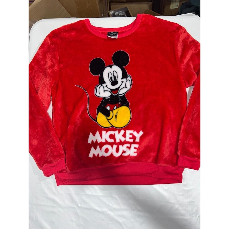 Disney Mickey Mouse Red Fleece Fuzzy Sweatshirt Pullover Large Graphic Mens L image 1