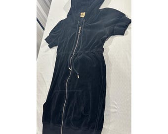 Juicy Couture Black Velour Short Sleeve Zip Up Hoodie Dress Y2K Medium