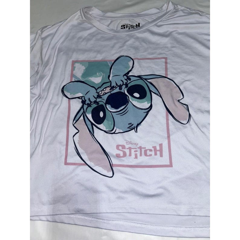 Disney Lilo & Stitch White Cropped Graphic T-Shirt XS Stitch Upside Down Tee image 2