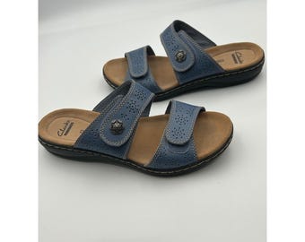 Clarks Collection Blaue Leder Kissen Weiche Verstellbare Slide Sandalen Damen 7 M