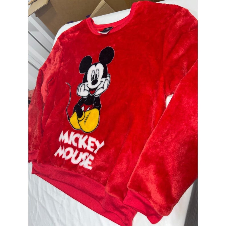 Disney Mickey Mouse Red Fleece Fuzzy Sweatshirt Pullover Large Graphic Mens L image 3