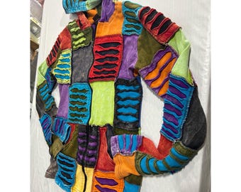 Nepal Patchwork Slashed Zip Up Hoodie Mehrfarbig Boho Hippie Festival Jacke M