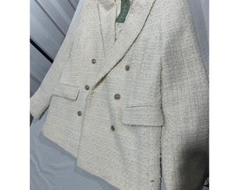 H&M Cream Bouclé Tweed Dubbelknäppt Kavaj Guldknappar NWT Storlek M