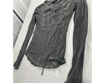 Lucky Brand - Top thermique gris en tricot gaufré en crochet avec dentelle et manches longues - Petit