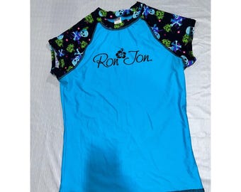 Ron Jon Surf Shop Rash Guard Mens Large Blue Sugar Skull Short Sleeve Swim Shirt