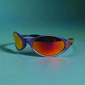 Oakley Eye Jacket solglasögon med lila, flammande orange lins, Y2K Sport, omlottglasögon, streetwear bild 3