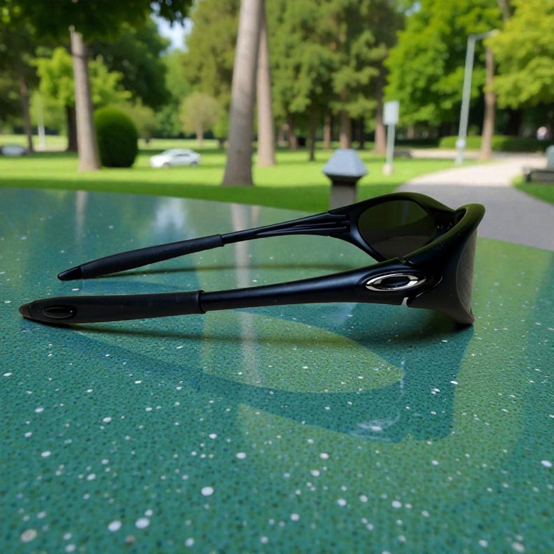 K&ouml;nnte beinhalten: Schwarze Sonnenbrille mit einem schlanken, modernen Design. Die Sonnenbrille hat dunkle Gl&auml;ser und einen schwarzen Rahmen mit silbernen Akzenten an den B&uuml;geln. Sie liegt auf einer gesprenkelten gr&uuml;nen Oberfl&auml;che.