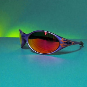 Oakley Eye Jacket solglasögon med lila, flammande orange lins, Y2K Sport, omlottglasögon, streetwear bild 1
