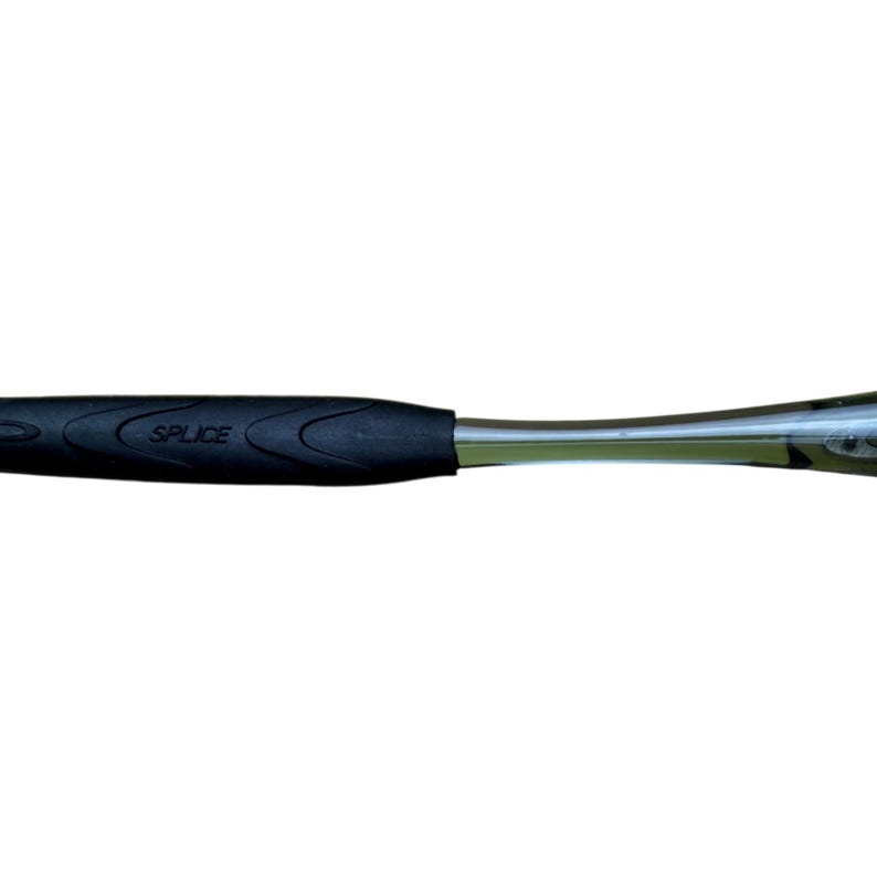 May include: A black and silver sports equipment handle with the word "SPLICE" printed on the handle. The handle is curved and has a textured grip.