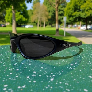 K&ouml;nnte beinhalten: Schwarze Sonnenbrille mit geschwungenem Rahmen und dunklen Gl&auml;sern. Die Sonnenbrille liegt auf einer gr&uuml;n gesprenkelten Oberfl&auml;che, mit einem Park und B&auml;umen im Hintergrund. Das Oakley-Logo ist auf dem B&uuml;gel sichtbar.