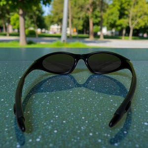K&ouml;nnte beinhalten: Schwarze Sonnenbrille mit dunklen Gl&auml;sern. Die Sonnenbrille liegt auf einer gr&uuml;n gesprenkelten Oberfl&auml;che, mit einem verschwommenen Hintergrund aus B&auml;umen und einem Park. Die Sonnenbrille hat einen sportlichen Stil.