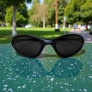 K&ouml;nnte beinhalten: Schwarze Sonnenbrille mit dunklen Gl&auml;sern, die auf einer gr&uuml;n gesprenkelten Oberfl&auml;che liegt. Die Sonnenbrille hat einen geschwungenen Rahmen und der Markenname "Oakley" ist auf dem B&uuml;gel sichtbar. Der Hintergrund zeigt eine Parklandschaft mit B&auml;umen und Sonnenlicht.