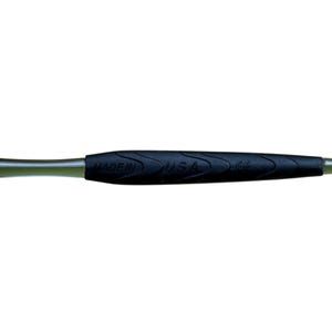 May include: Close-up of a black handle with the text "MADE IN USA" printed in white. The handle has a textured, ridged design for grip and a green section near the end.