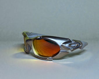 Vintage Oakley Plate Sonnenbrille Silber Orange Linsen Y2K Futuristisch Wrap around Sport Shades 2000s Cyber Techwear