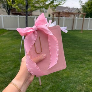 May include: A pink journal with a large pink ribbon and a gold paperclip. The journal is held in a hand against a background of green grass and trees. The ribbon is tied in a bow.