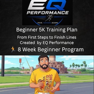 May include: A digital graphic for an 8 Week Beginner Program titled Beginner 5K Training Plan from First Steps to Finish Lines created by EQ Performance. Below the text is an illustration of a runner in a yellow shirt with race bib 1045.