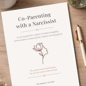 May include: A white document titled Co-Parenting with a Narcissist, featuring a red line drawing of a profile and a flower. The text reads: A survival guide for mothers of tweens navigating communication, protecting their children and staying sane. You cannot control what he does. You can only control what you build. THE AUDACITY TO HEAL.