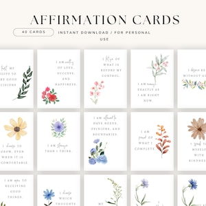 Pode incluir: Um conjunto de 40 cartões de afirmação com ilustrações florais em aguarela e texto inspirador. Cada cartão branco apresenta frases únicas como I am worthy of love, success, and happiness, I let go of what is beyond my control e I am enough.
