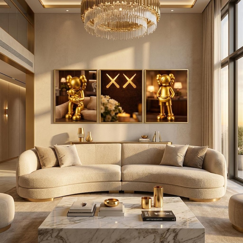 Set di 3 stampe murali Gold Kaws, poster di lusso con figure Hypebeast, stampe pop art moderne, decorazioni contemporanee per il soggiorno, download digitale. immagine 3
