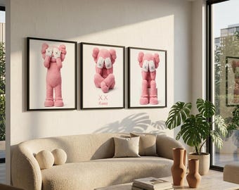 Pink Kaws Wall Art Set of 3, Hypebeast Figure Posters, Graffiti Pop Art Prints, Minimalist Room Decor, Digital Download