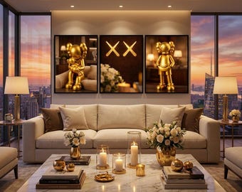 Gold Kaws Wall Art Set of 3, Luxury Hypebeast Figure Posters, Modern Pop Art Prints, Contemporary Living Room Decor, Digital Download
