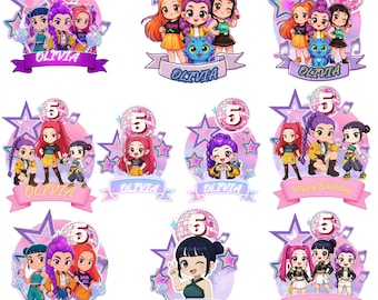 Pacchetto di decorazioni per torte K-Pop Demon Hunters: 9 decorazioni modificabili in formato PNG di Huntrix per torte di compleanno e cupcake. Decorazioni per feste a tema K-Pop Demon Hunters.