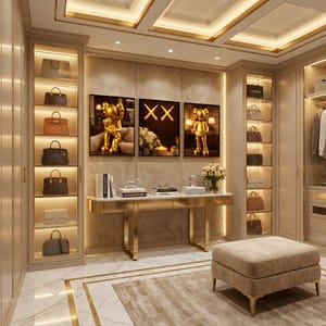 Pu&ograve; includere: Una cabina armadio con scaffali in vetro illuminati pieni di varie borse, un tavolo console centrale con piano in marmo e cornice dorata, tre opere d'arte incorniciate a parete e un pouf beige imbottito su un pavimento in marmo.
