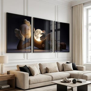 May include: A triptych wall art set featuring a stylized cartoon character with X-shaped eyes and gloved hands. The central panel depicts the character holding a glowing, luminous full moon against a dark, deep background, creating a high-contrast scene.