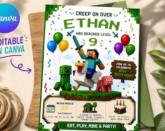 Pixel Block Birthday Invitation  Adventure Party Invite  Kids Canva Template (Digital Download)