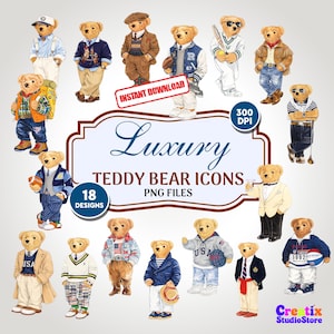 Könnte beinhalten: Eine digitale Sammlung von 18 Teddybär-Illustrationen in verschiedenen Outfits, darunter Pullover, Blazer und Sportkleidung. Der zentrale Text lautet Luxury TEDDY BEAR ICONS PNG FILES, INSTANT DOWNLOAD, 300 DPI und 18 DESIGNS.