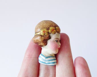 Handmade Doll Brooch Fleur - Paperclay Breton Girl Pin