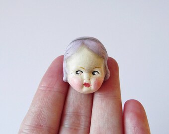 Handmade Doll Face Brooch Amber - Paperclay Doll Pin