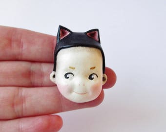 Kewpie Kitty Doll Brooch - Paperclay Cat Doll Pin