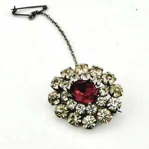 Antique Victorian Ruby Red Paste Brooch with Clear Rhinestones and Safety Chain