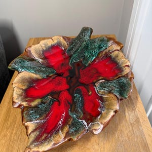 Large Vintage Vallauris France Drip Glaze Leaf Dish, Signed Mid Century Ceramic Maple Leaf Bowl, Red Green Brown Studio Pottery 16”