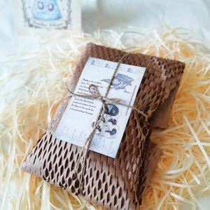May include: A rectangular package wrapped in brown honeycomb paper, secured with thin twine. A white rectangular card is tied to the front, featuring a black and white illustration of a plague doctor and text describing Dusty the wobbly little doctor.