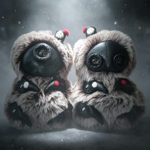 May include: Two plush creatures covered in long, light brown faux fur. Each has a black leather-like face with button eyes, stitched details, and small black appendages. One features a single central eye, while the other has two button eyes.