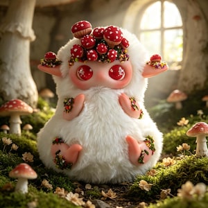 May include: A plush creature with white fur, large red eyes, and pointed ears. The creature is adorned with small red and white mushrooms and tiny colorful flowers on its head, ears, hands, and feet, sitting amidst a mossy forest floor.